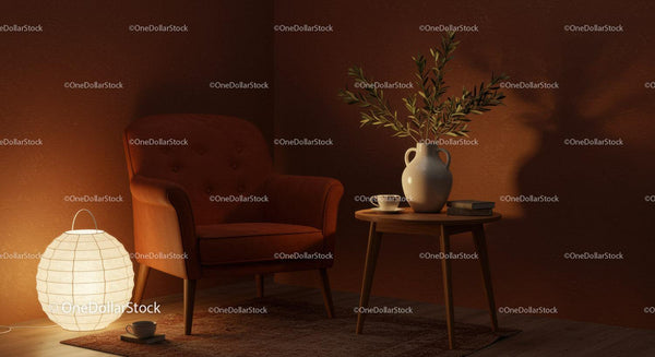 Cozy corner with armchair and warm ambient lighting