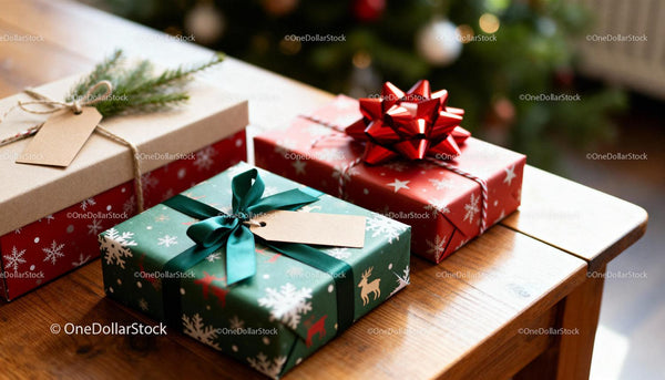 Festive Christmas Gifts Wrapped on Wooden Table
