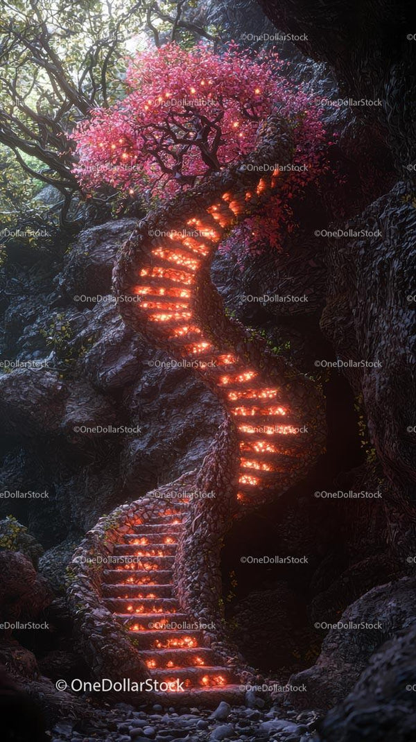 Enchanted Pink Tree with Glowing Staircase in Mystical Forest