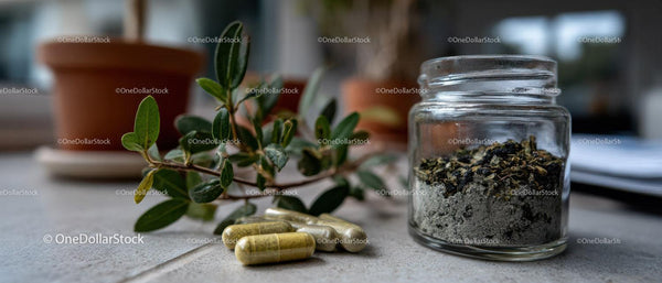 Herbal supplement capsules with green plant and herbal powder