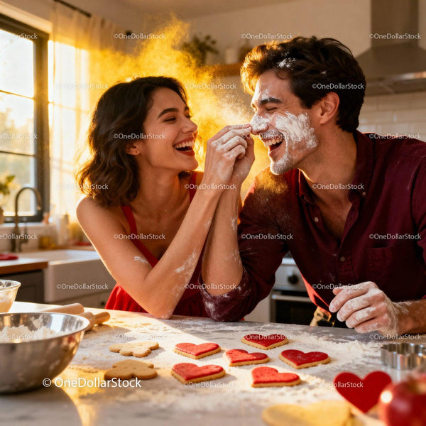 Couple Sharing Laughs While Baking Valentine's Cookies