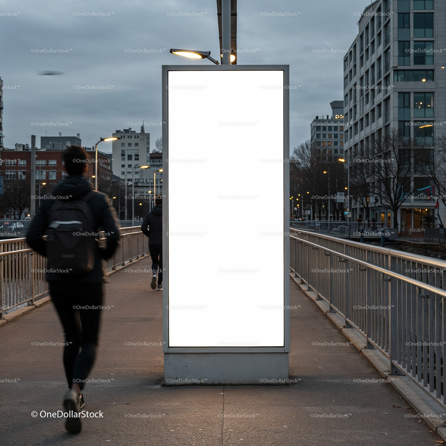 Urban Evening Walk with Illuminated Blank Billboard