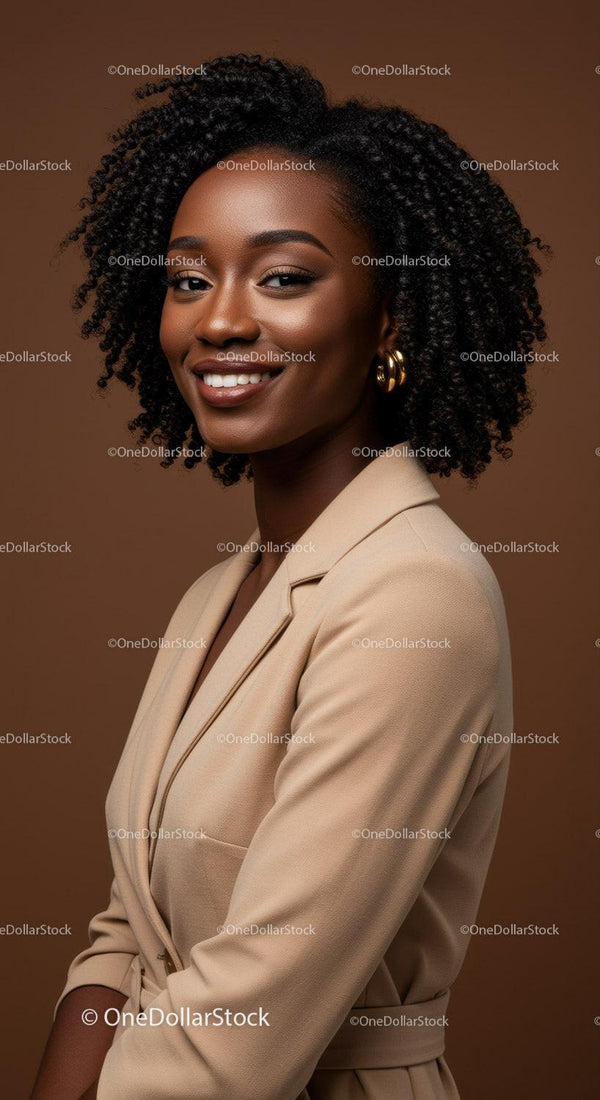 Elegant African American Woman in Beige Blazer with Curly Hair