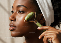 Elegant Woman Using Jade Roller for Facial Massage and Skin Care