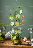 Fresh cucumbers and spices falling into glass jar for pickling