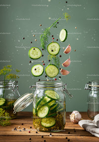 Fresh cucumbers and spices falling into glass jar for pickling