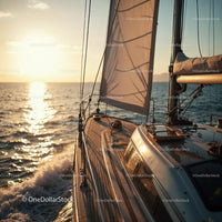 Luxury Yacht Sailing at Sunset Over Calm Blue Sea