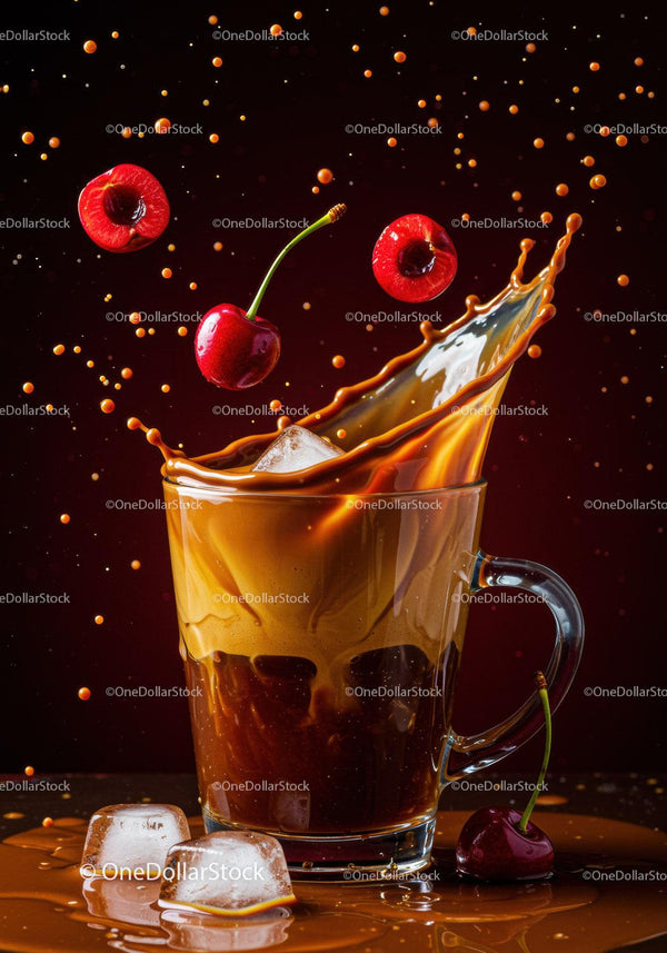 Splashing iced coffee with fresh cherries and ice cubes