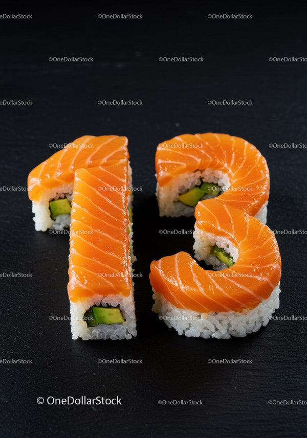 Creative sushi rolls shaped as numbers one and three