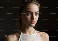 Portrait of Young Woman with Beautiful Face and Blue Eyes in Studio