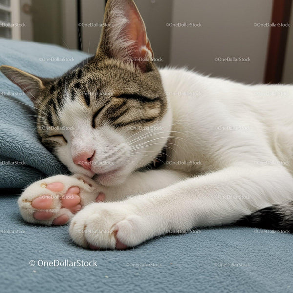 Sleeping tabby cat resting peacefully on soft blanket