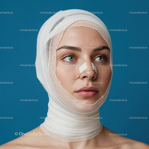 Young Woman with Facial Burn Wound Bandages Undergoing Recovery