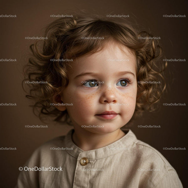 Curly toddler with freckles gazing softly sideways