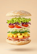 Fresh sandwich with assorted veggies and ham layers