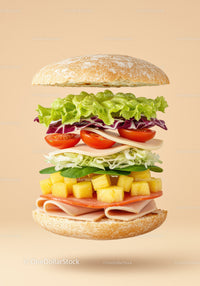 Fresh sandwich with assorted veggies and ham layers
