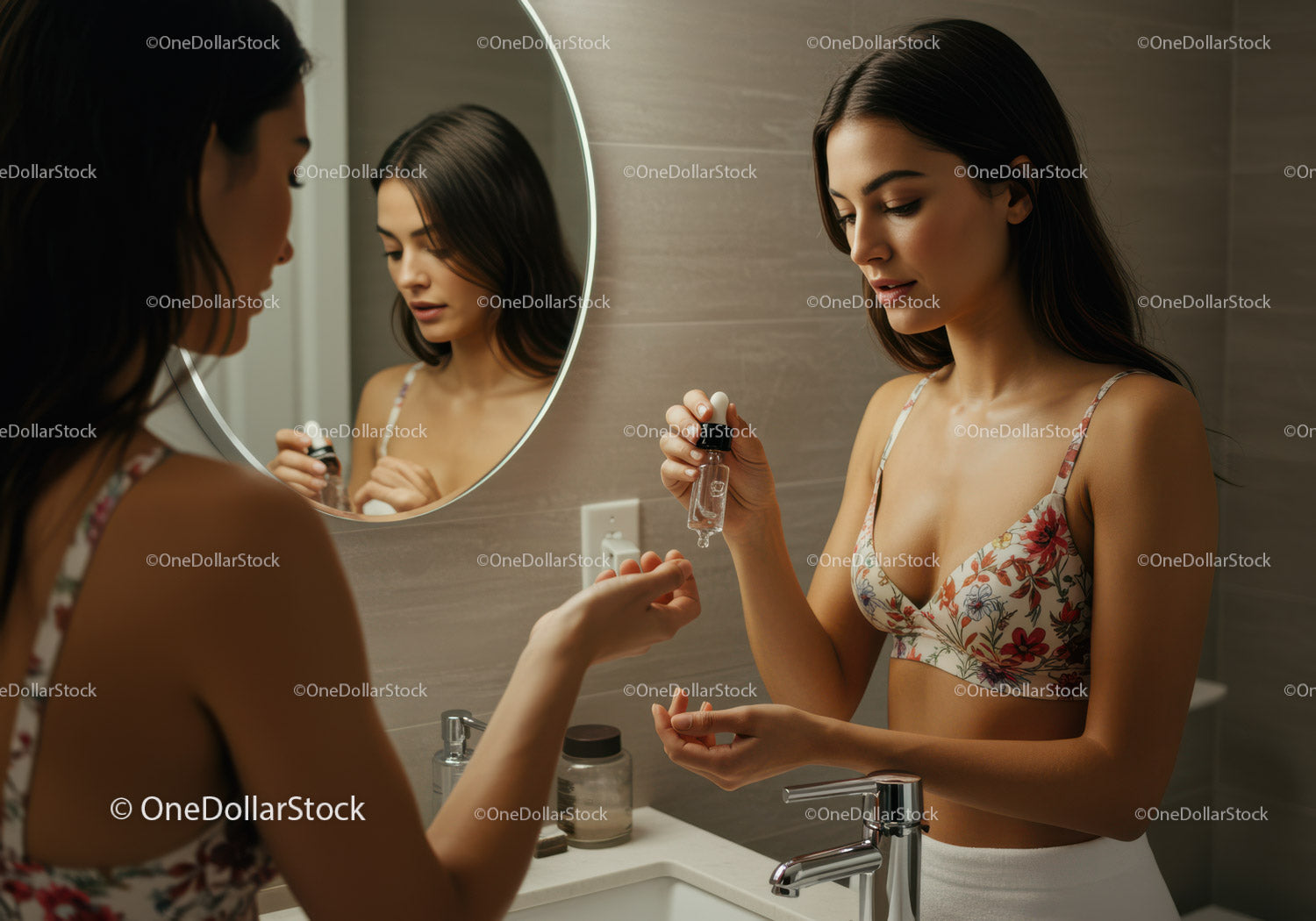 Young Woman Applying Nail Polish in Bathroom Mirror