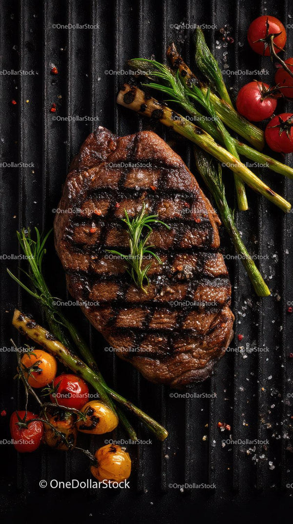 Soczysty Grillowany Stek z Pomidorkami Koktajlowymi i Zieloną Cebulką