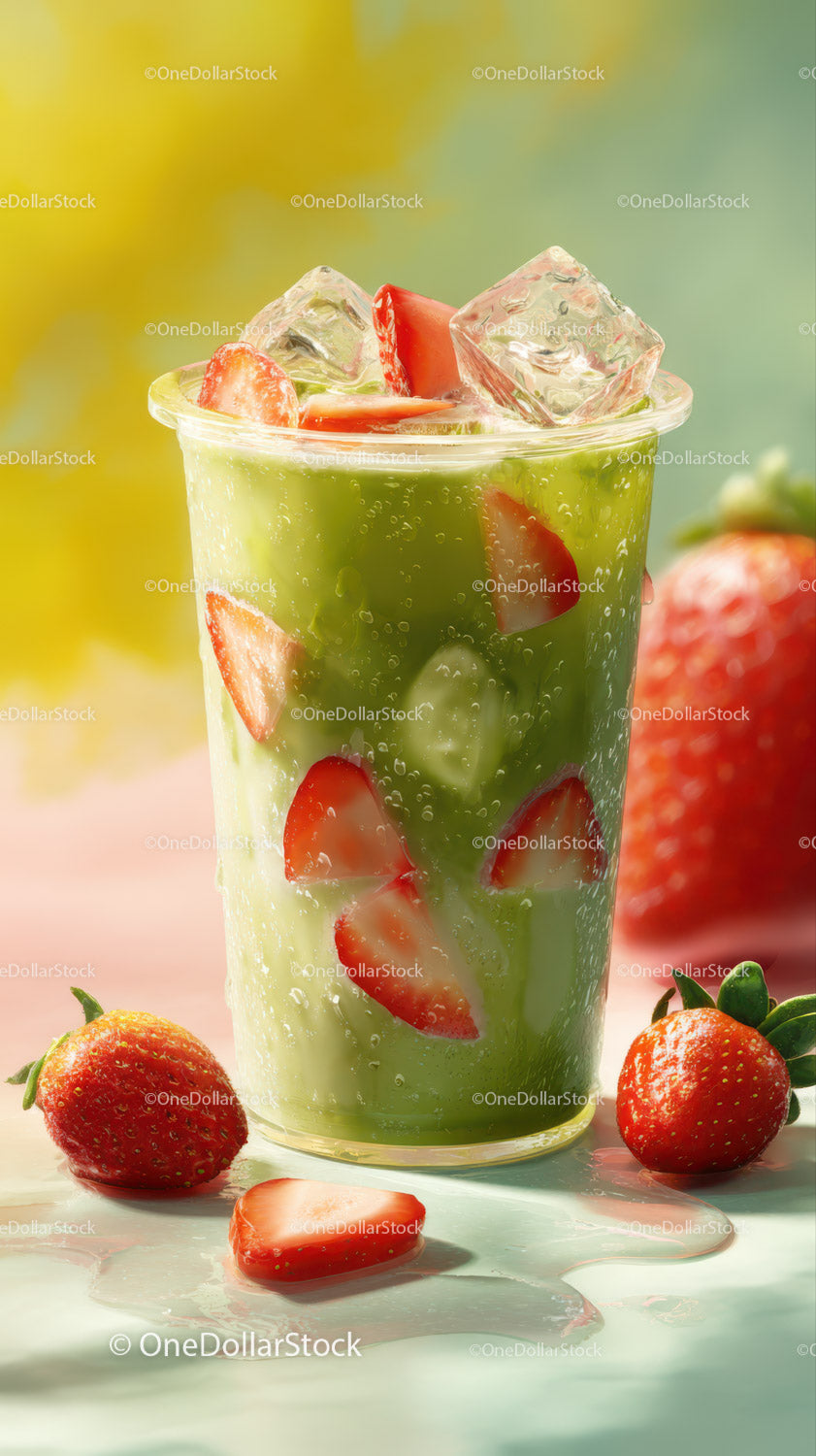 Strawberry and Lime Green Refreshing Drink with Ice Cubes