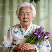 Elderly Woman in Traditional Dress Holding Purple Irises