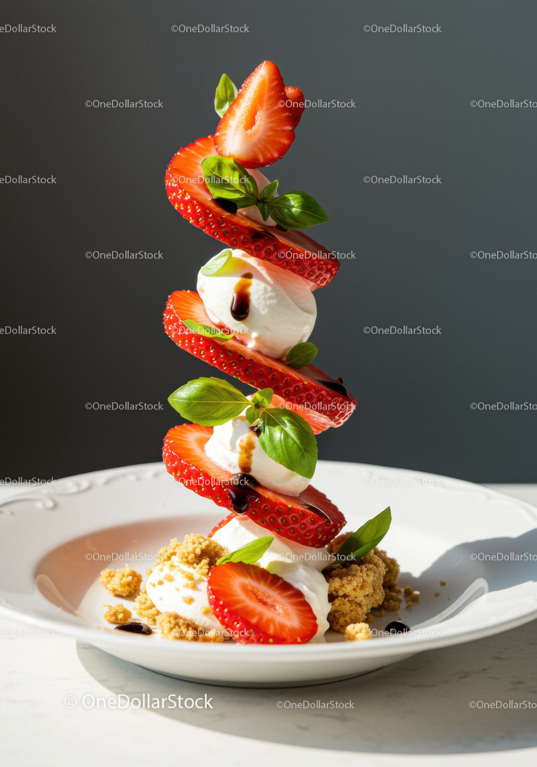 Fresh strawberries with cream and basil on white plate