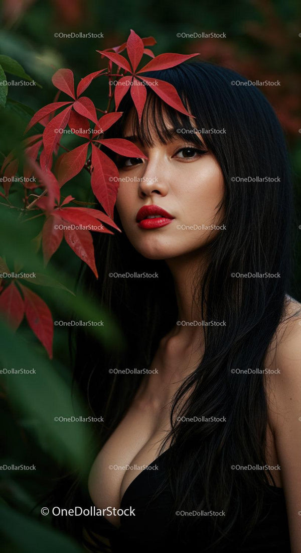 Portrait of a Woman with Long Black Hair and Red Lipstick Among Red and Green Foliage
