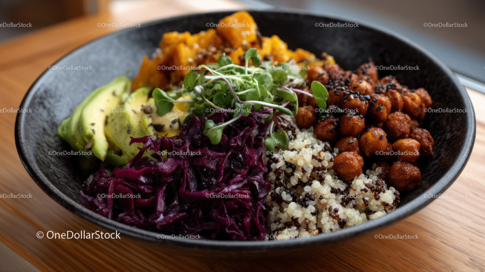 Colorful Vegan Bowl with Chickpeas Avocado and Quinoa
