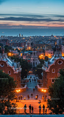 Colorful Hillside Cityscape with Ocean Sunset and Architectural Landmarks