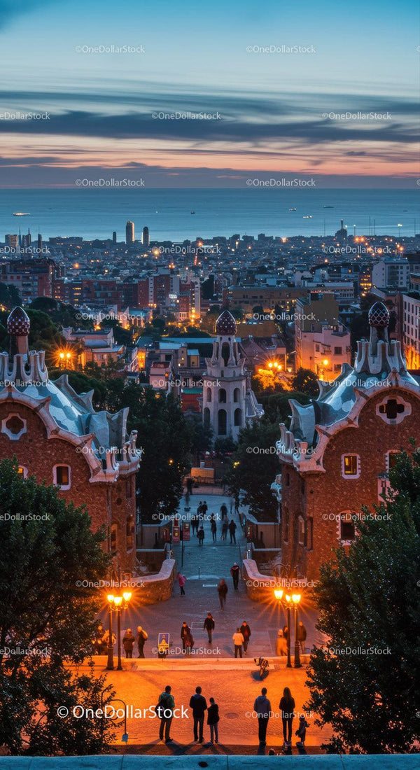 Colorful Hillside Cityscape with Ocean Sunset and Architectural Landmarks