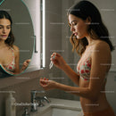Young Woman Applying Skincare Serum in Modern Bathroom Mirror