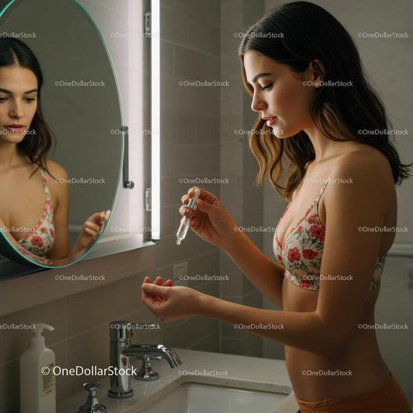 Młoda Kobieta Nakłada Serum do Pielęgnacji Skóry przed Nowoczesnym Lustrem w Łazience