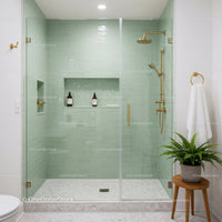 Modern bathroom with green tiled walk in shower