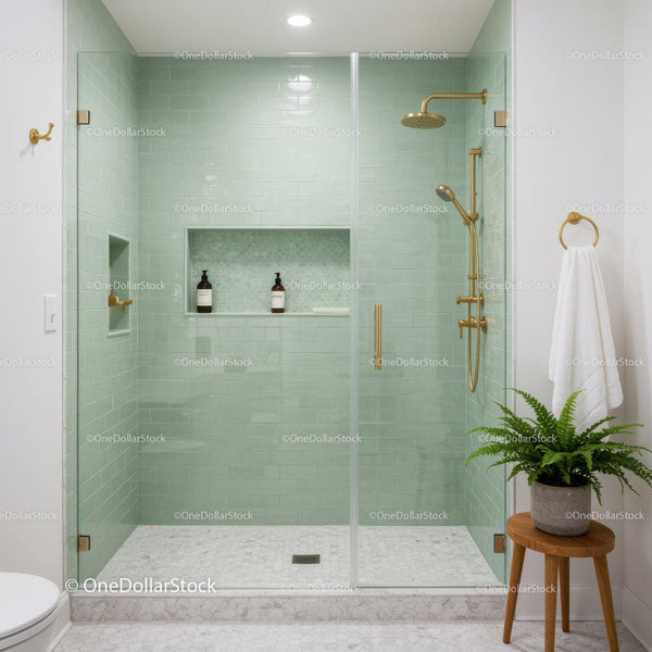 Modern bathroom with green tiled walk in shower