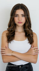 Confident Young Woman with Wavy Brown Hair in Casual Style