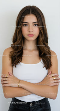 Confident Young Woman with Wavy Brown Hair in Casual Style