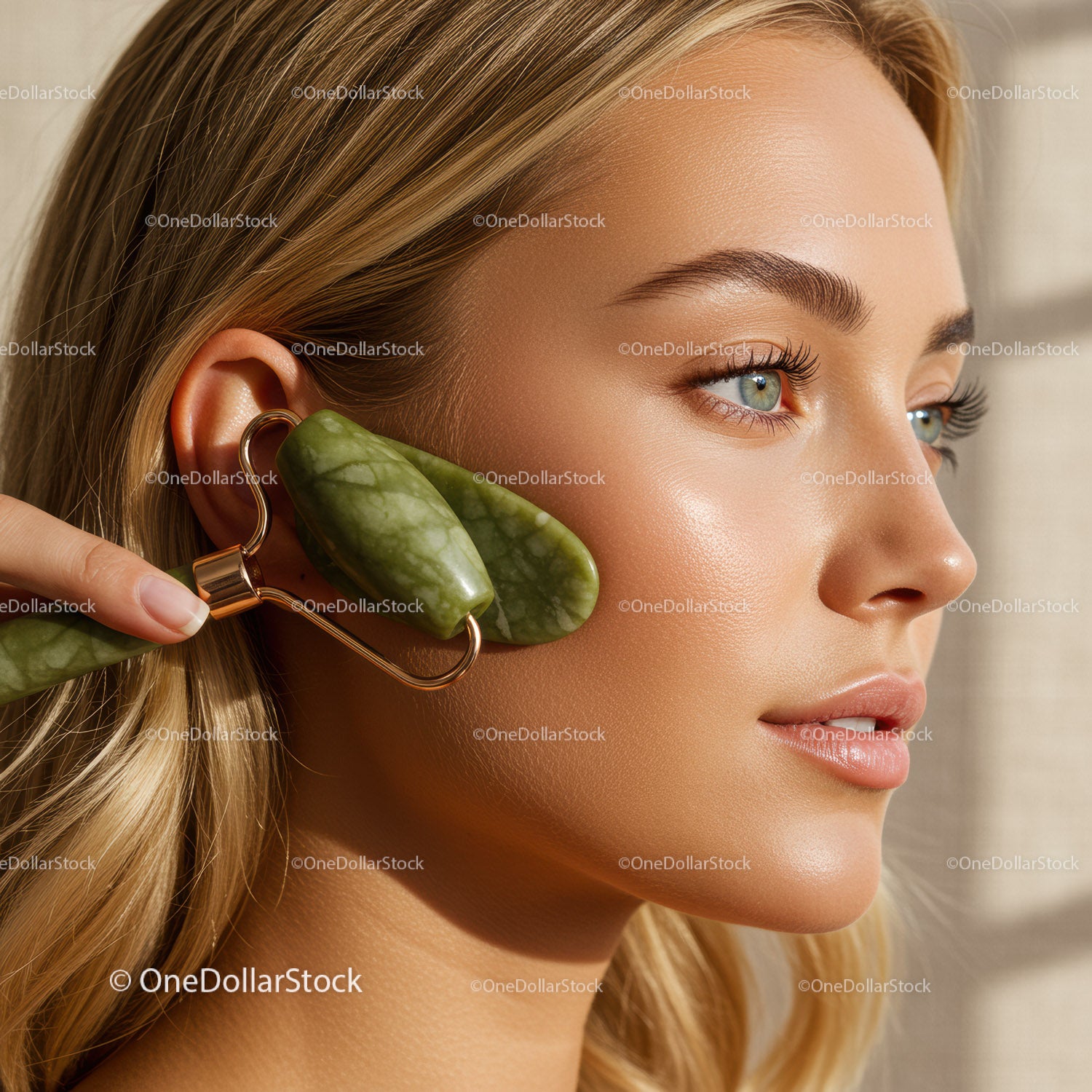 Close-up of a Woman Using Jade Roller for Glowing Skin