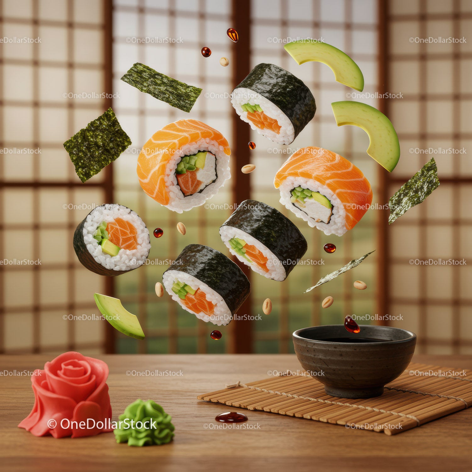 Świeże rolki sushi z łososiem, awokado i odrobiną sosu