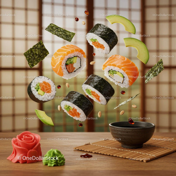 Fresh Salmon Sushi Rolls with Avocado and Sauce Splash