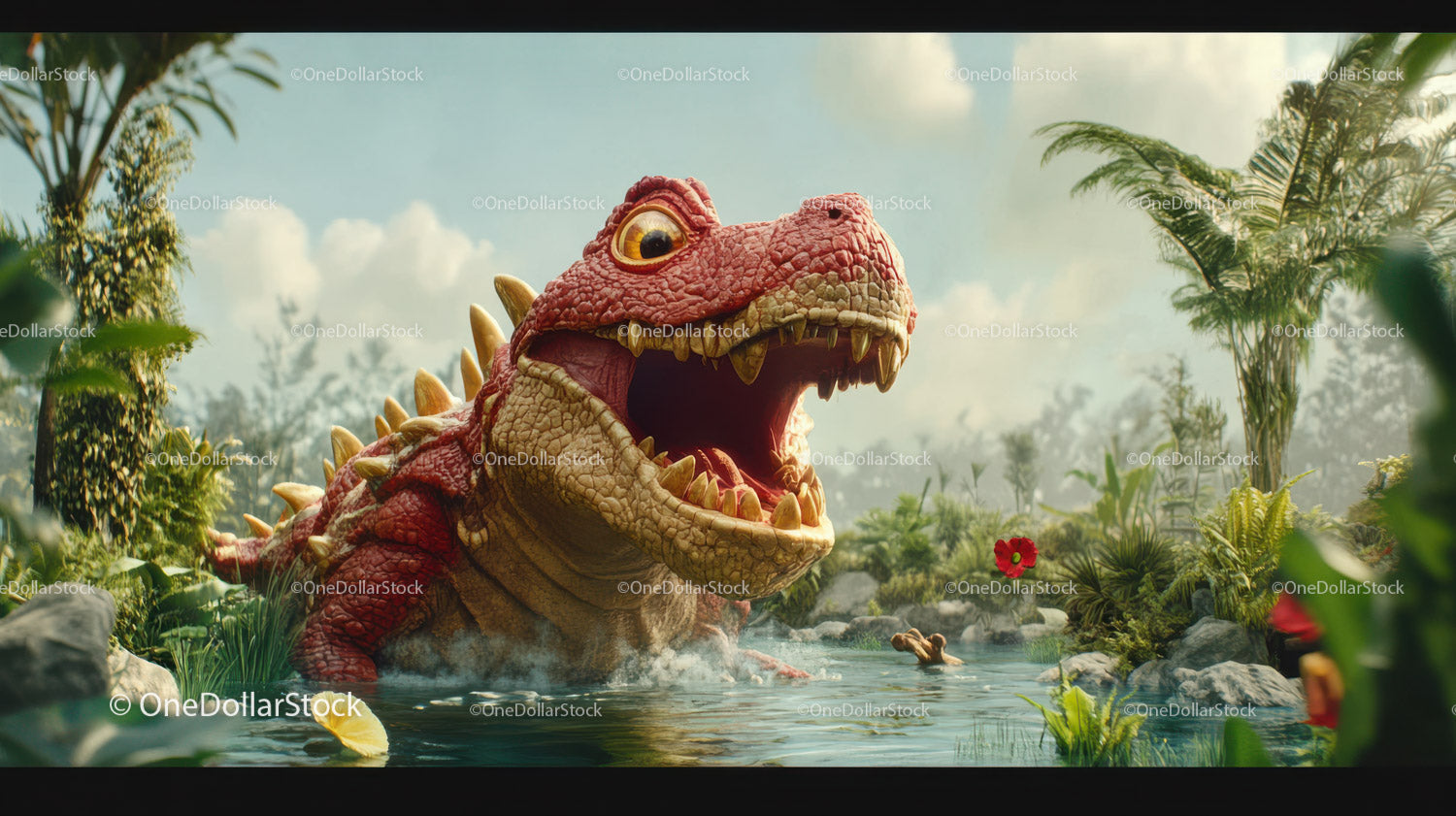 Giant Dinosaur in Lush Jungle Water Scene with Tropical Foliage