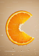 Fresh orange slice with water droplets suspended in air