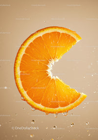 Fresh orange slice with water droplets suspended in air