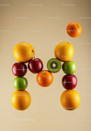 Fresh fruits arranged to form the word MI on beige background
