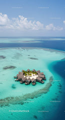 Overwater Bungalows Surrounded by Clear Turquoise Waters and Palm Trees