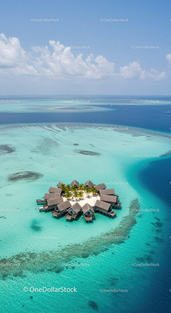 Overwater Bungalows Surrounded by Clear Turquoise Waters and Palm Trees