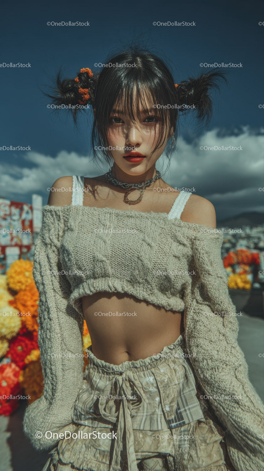 Young Woman with Playful Hairstyle Wearing Trendy Street Fashion