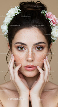 Close-up Portrait of a Freckled Woman with Floral Hair Accessories