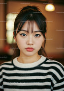 Portrait of a Young Woman with Black Hair and Striped Sweater