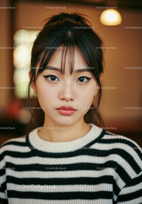 Portrait of a Young Woman with Black Hair and Striped Sweater