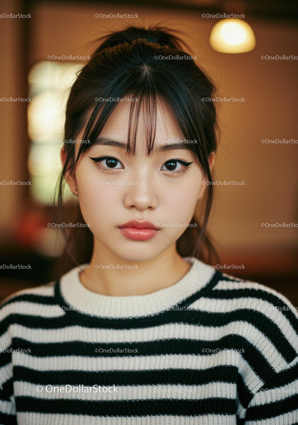 Portrait of a Young Woman with Black Hair and Striped Sweater