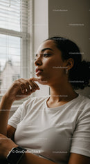 Contemplative woman sitting near window with natural light