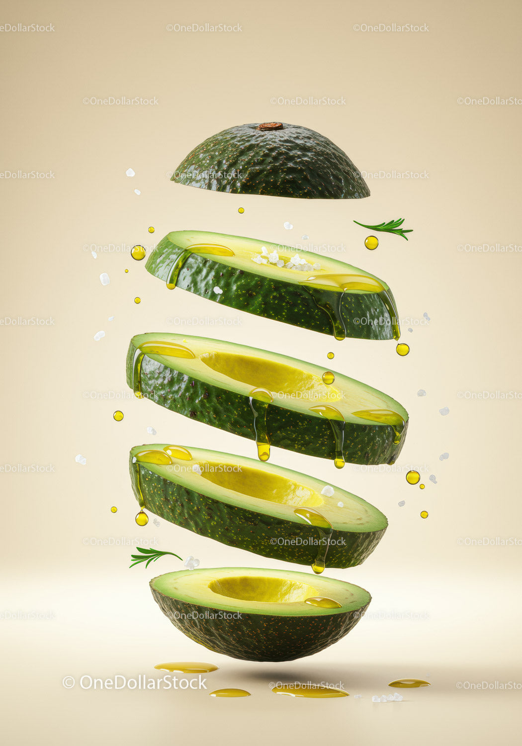 Floating sliced avocado with oil and salt drops